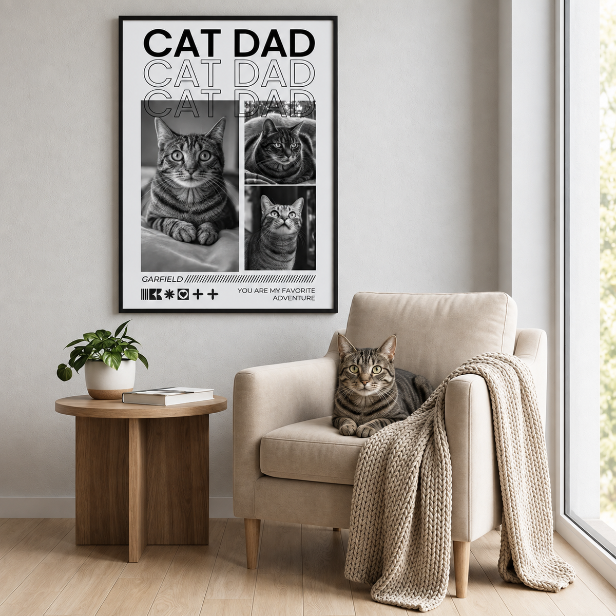 Póster personalizable enmarcado con fotos de gatos en blanco y negro y el texto "Cat Dad".