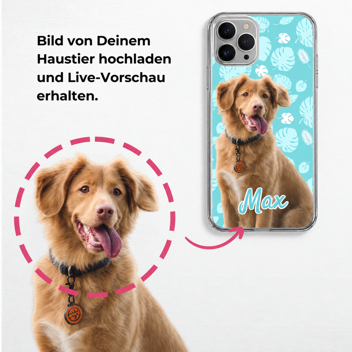 Funda de móvil con foto de un perro y colorido estampado de fondo, personalizable con nombre.