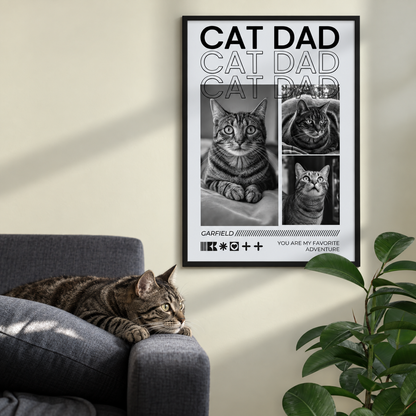 Póster personalizado titulado "Cat Dad" con fotos de gatos en blanco y negro, enmarcado.