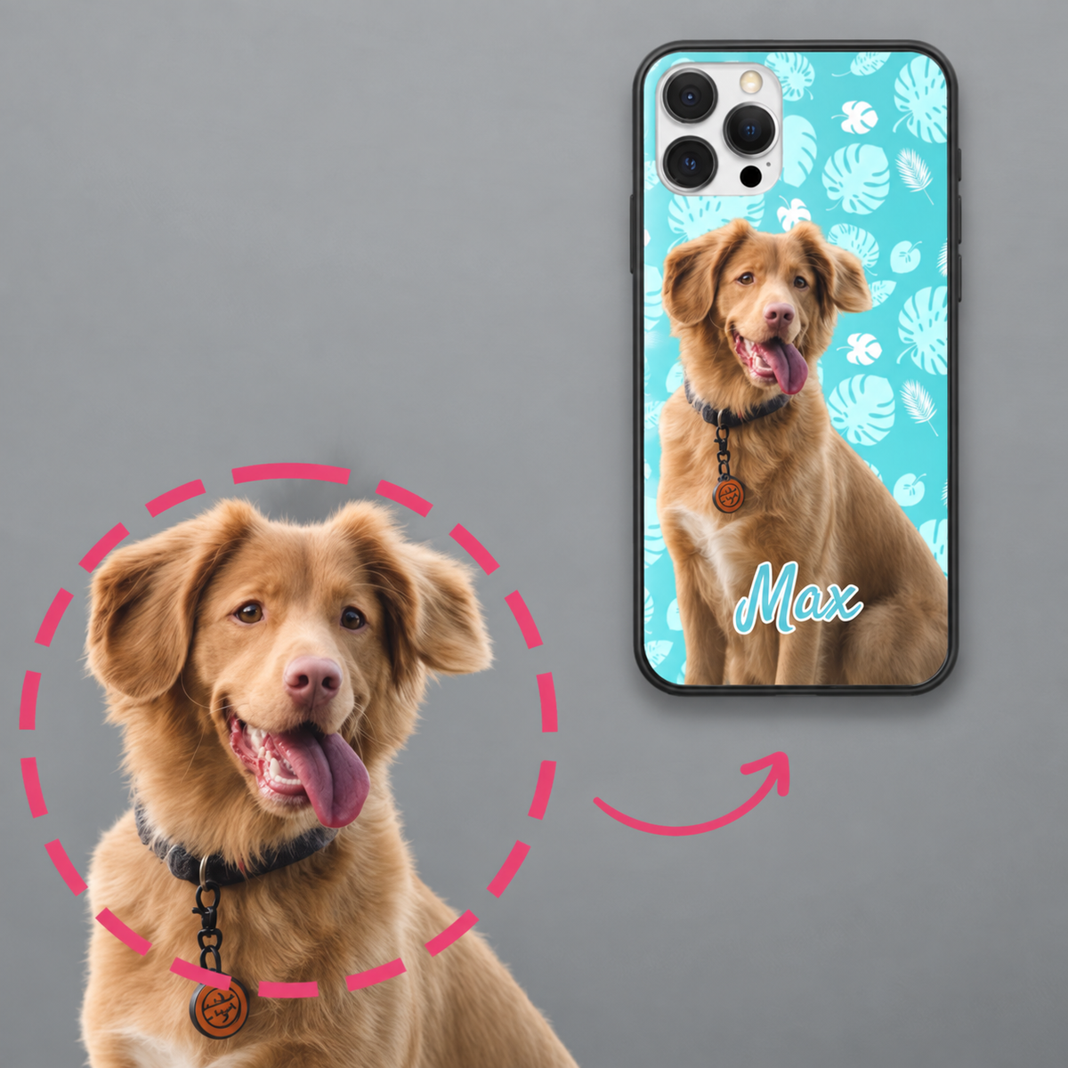 Funda de móvil personalizada con foto de un perro sobre estampado azul claro con el nombre "Max".
