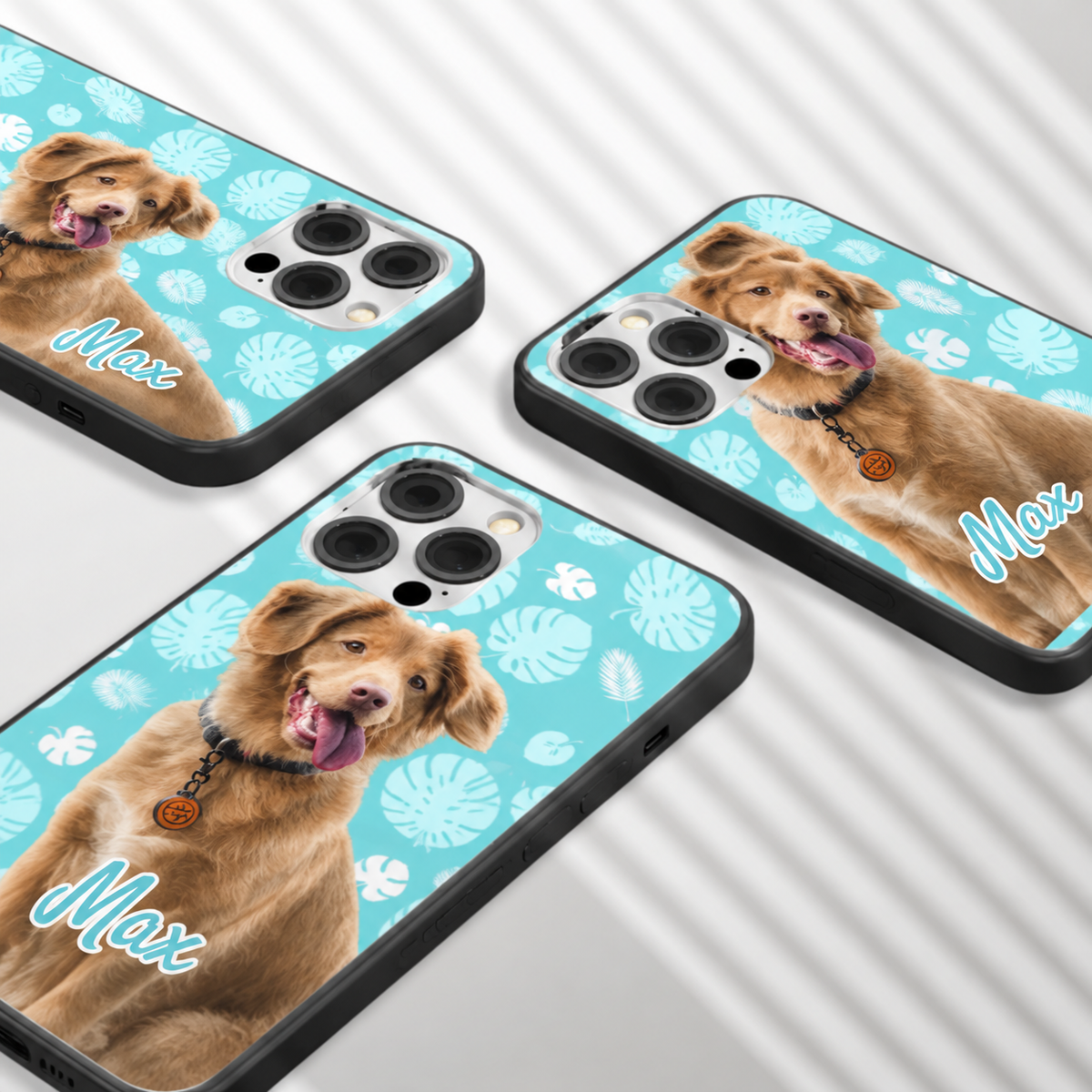 Tres fundas de móvil personalizadas con fotos de un perro y un estampado turquesa.