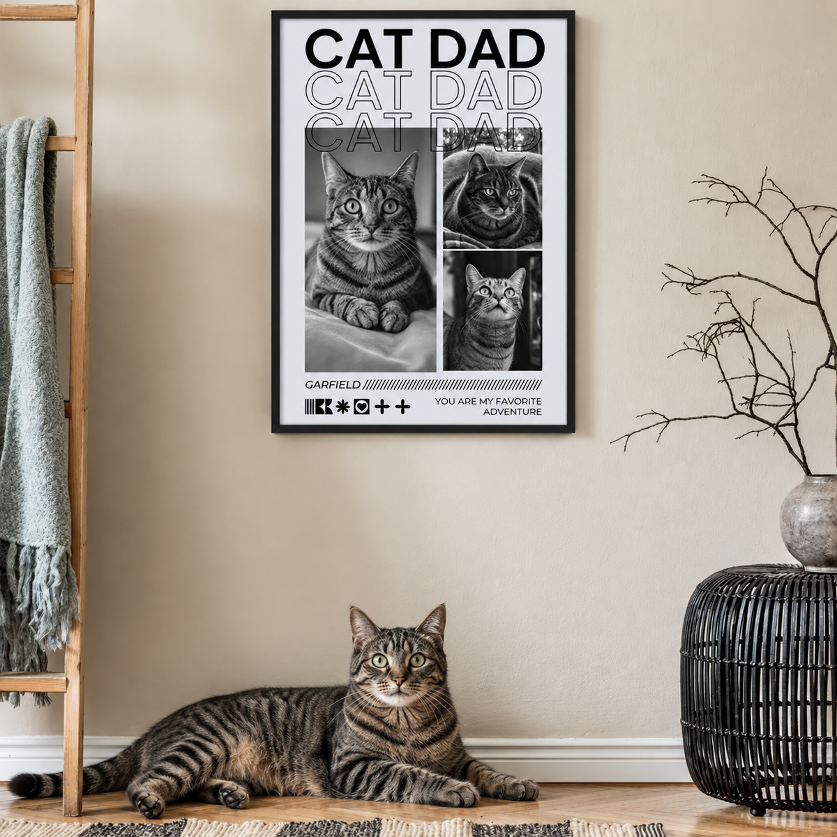 Póster personalizado para amantes de los gatos con fotos de gatos y el texto "Cat Dad" en blanco y negro.