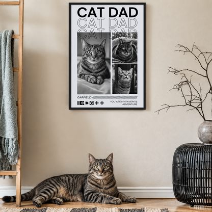 Póster personalizado para amantes de los gatos con fotos de gatos y el texto "Cat Dad" en blanco y negro.
