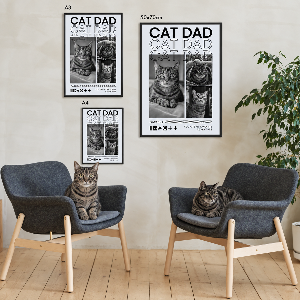 Póster personalizado con el texto "Cat Dad" y fotos de gatos, en marco negro.