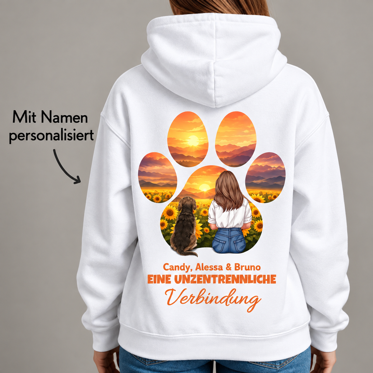 Sudadera con capucha blanca con gráfico personalizado de una niña y un perro ante girasoles y atardecer.