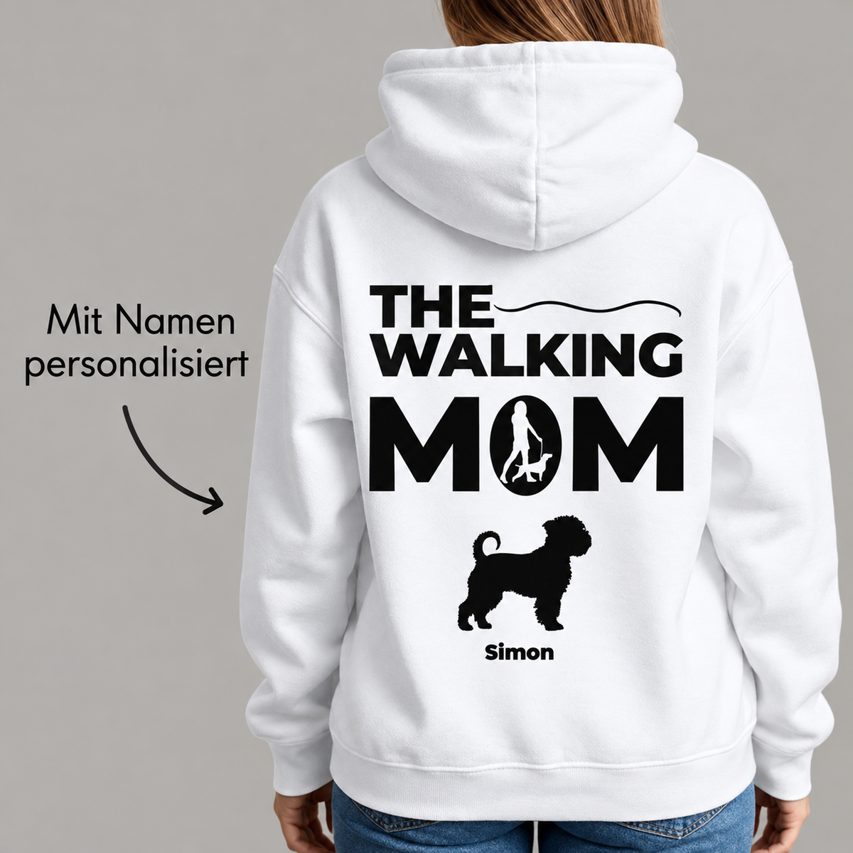Sudadera con capucha blanca con el texto "THE WALKING MOM" y un símbolo de perro, personalizada con el nombre "Simon".