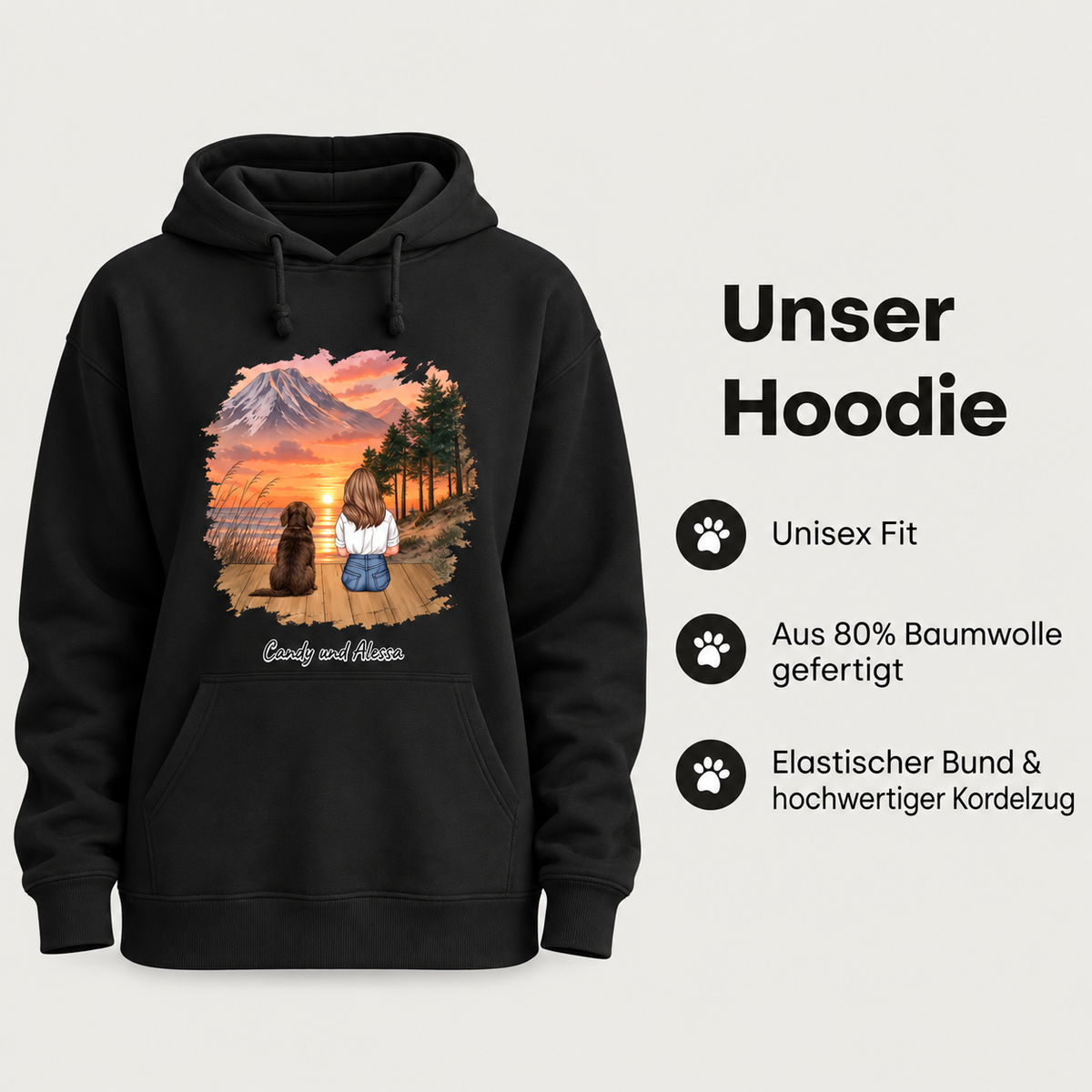 Sudadera con capucha negra con gráfico personalizado de una persona y un perro ante montañas y atardecer.