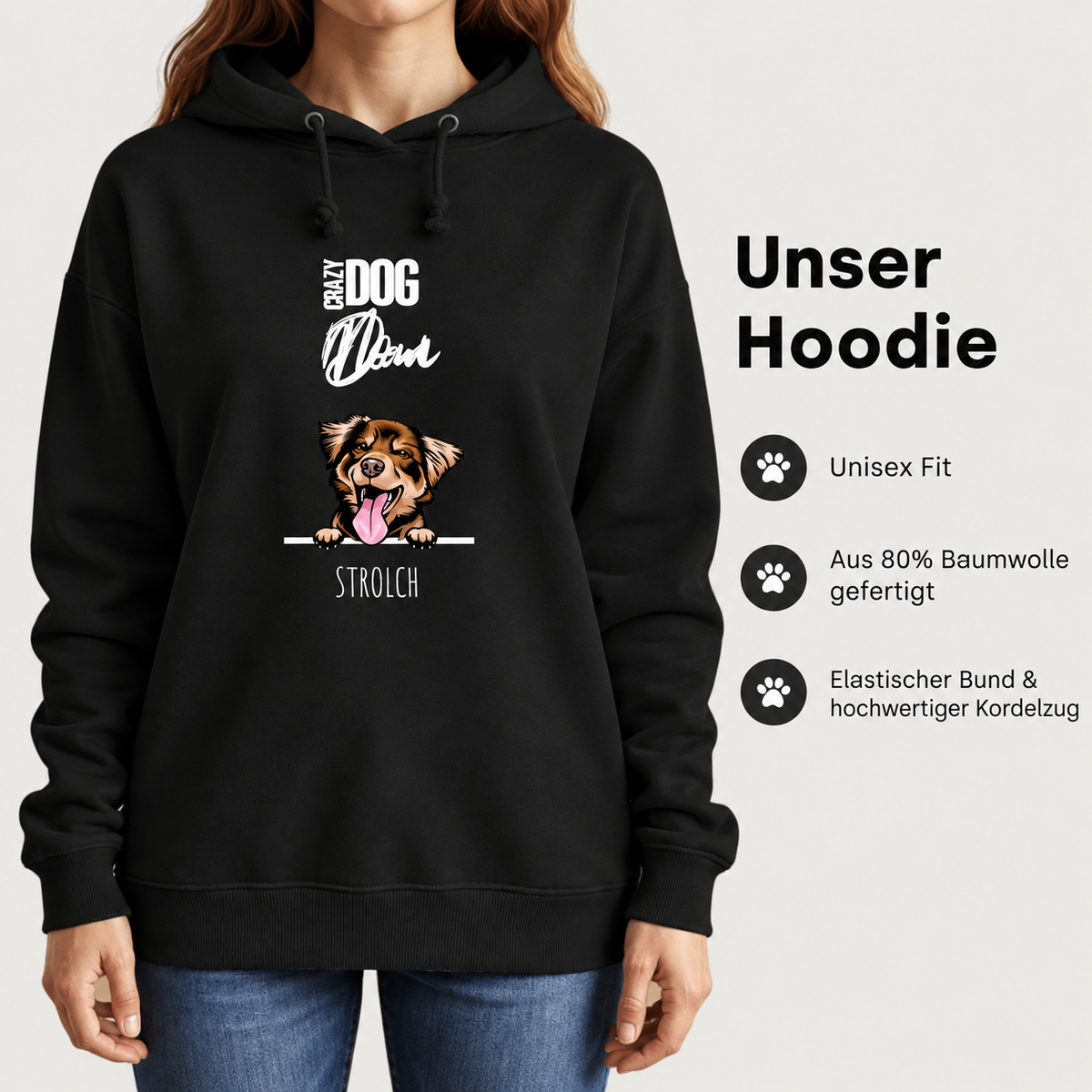 Sudadera con capucha negra para padres de mascotas con motivo de perro y frase, 80% algodón. Corte unisex.