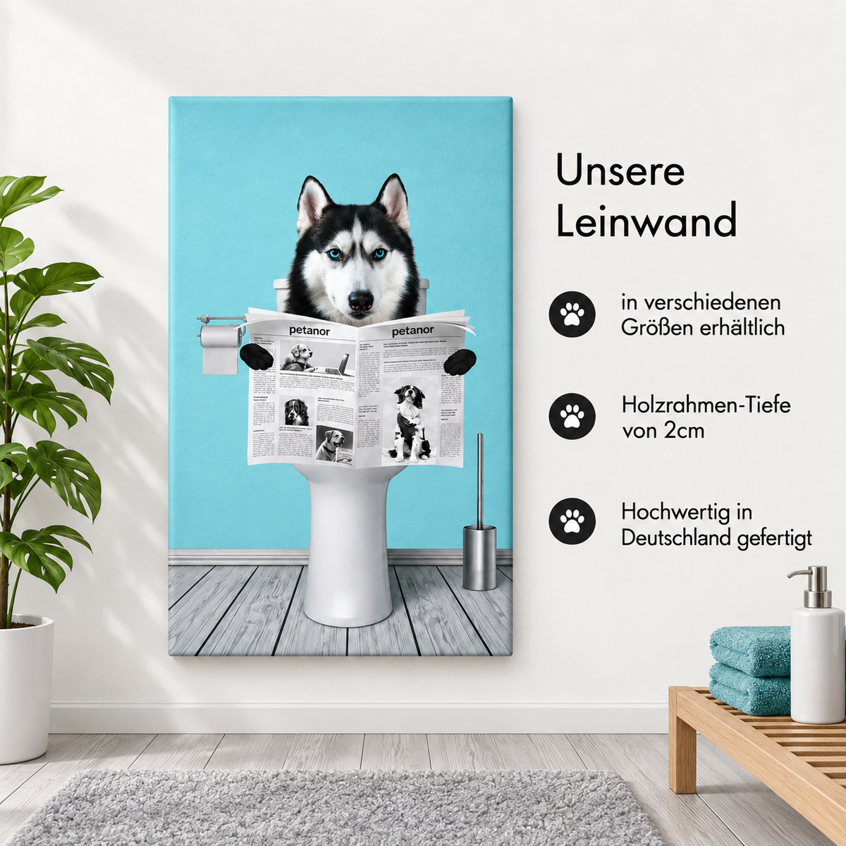 Lienzo personalizado con un husky leyendo el periódico en un baño, sobre fondo azul.