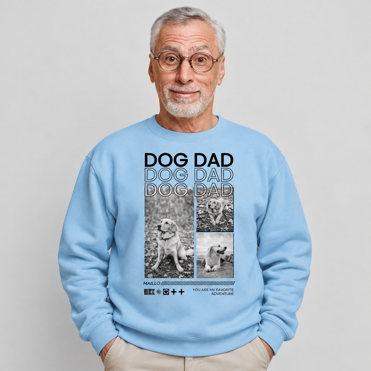 Sudadera gris azulado claro con el texto "Dog Dad" y fotos de perros.