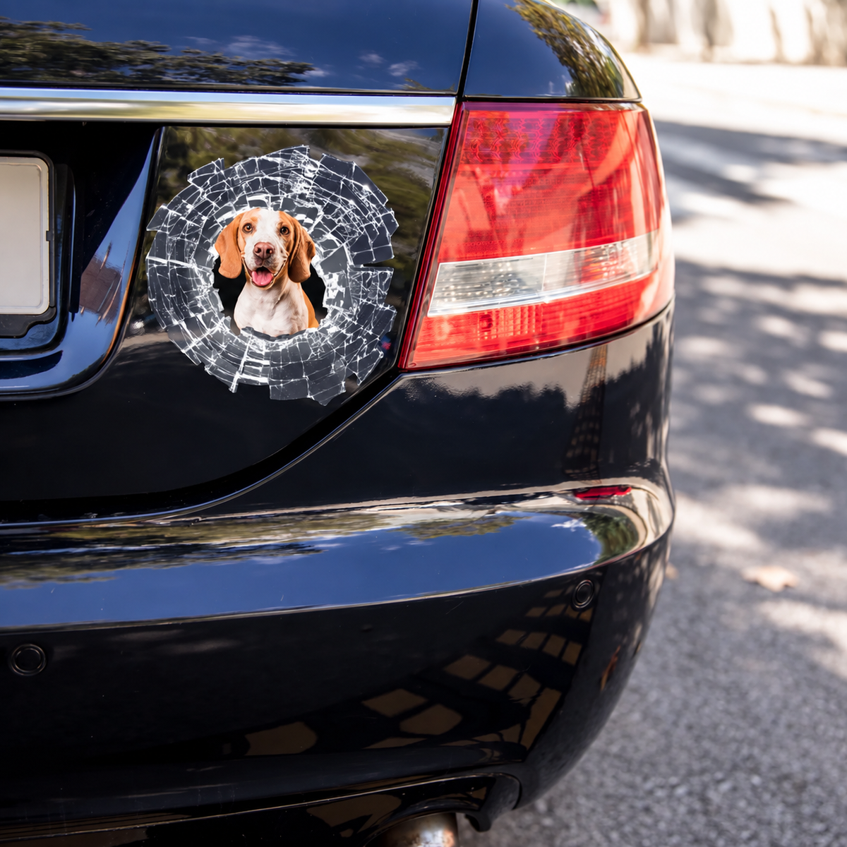 Pegatina de coche con la foto de un perro, rodeada de un diseño de cristal roto sobre pintura negra.