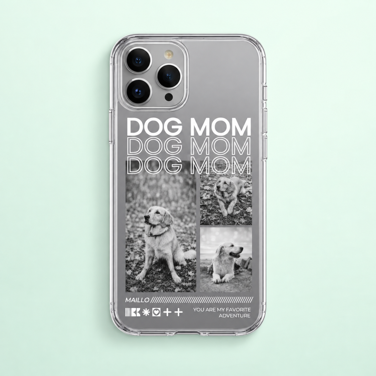 Funda de móvil transparente personalizada con el texto "Dog Mom" y fotos de perros en blanco y negro.