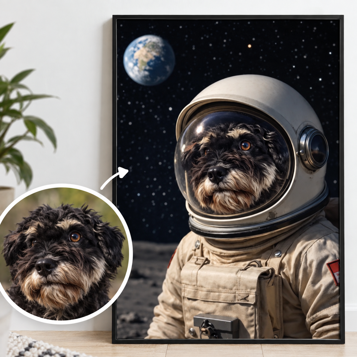 Póster personalizado de un perro con traje de astronauta sobre un fondo planetario.