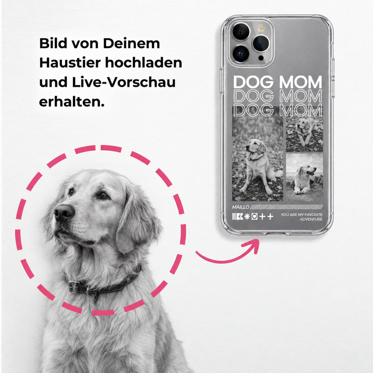Funda de móvil personalizada con el texto "Dog Mom" y fotos de un perro en blanco y negro. Diseño transparente.