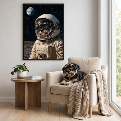 Póster personalizado de astronauta con perro en una habitación; se ven un sofá marrón, plantas y una manta.