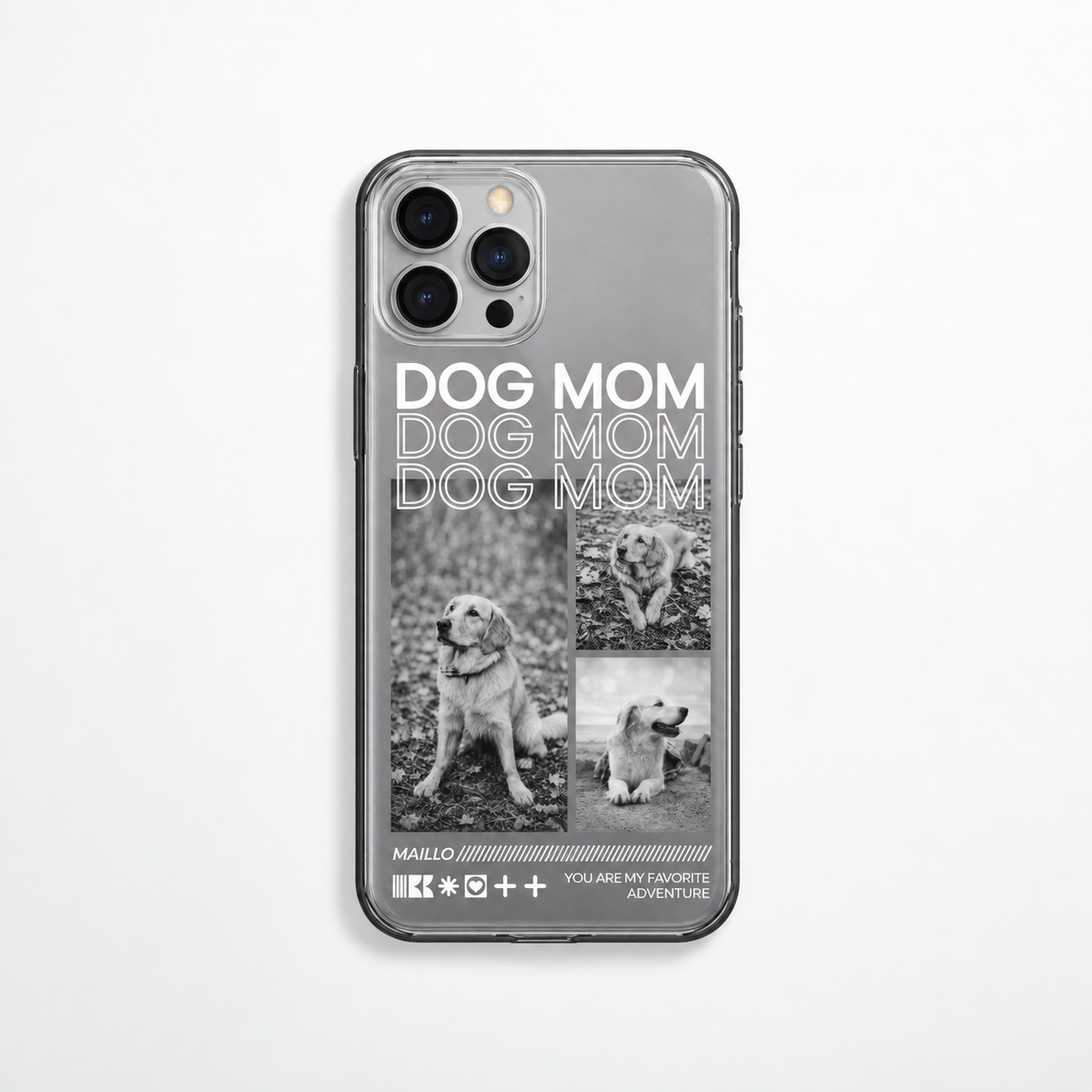 Funda de móvil transparente personalizada con el texto "DOG MOM" y fotos de perros en blanco y negro.