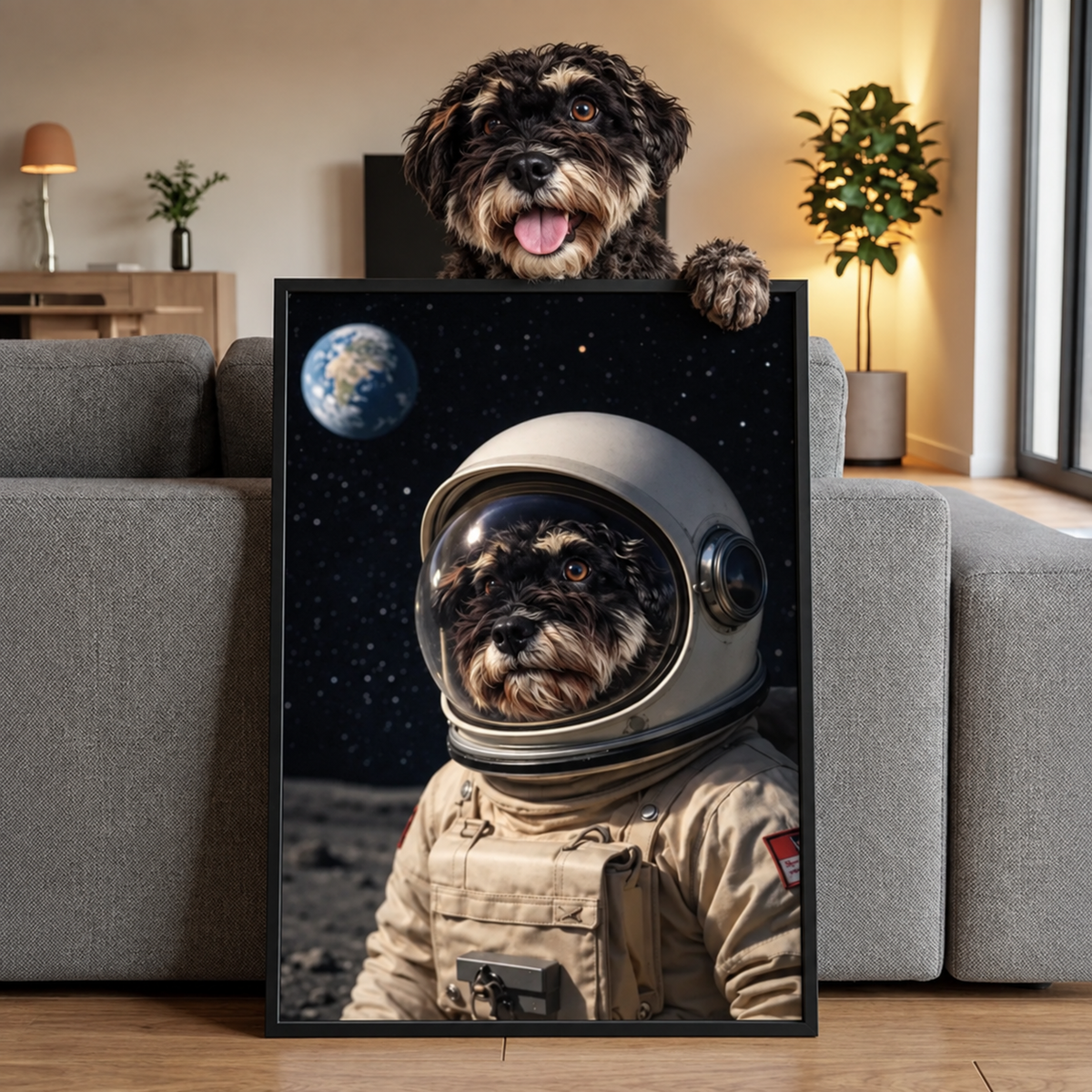 Póster de un perro con traje de astronauta sobre fondo espacial. Marco negro.