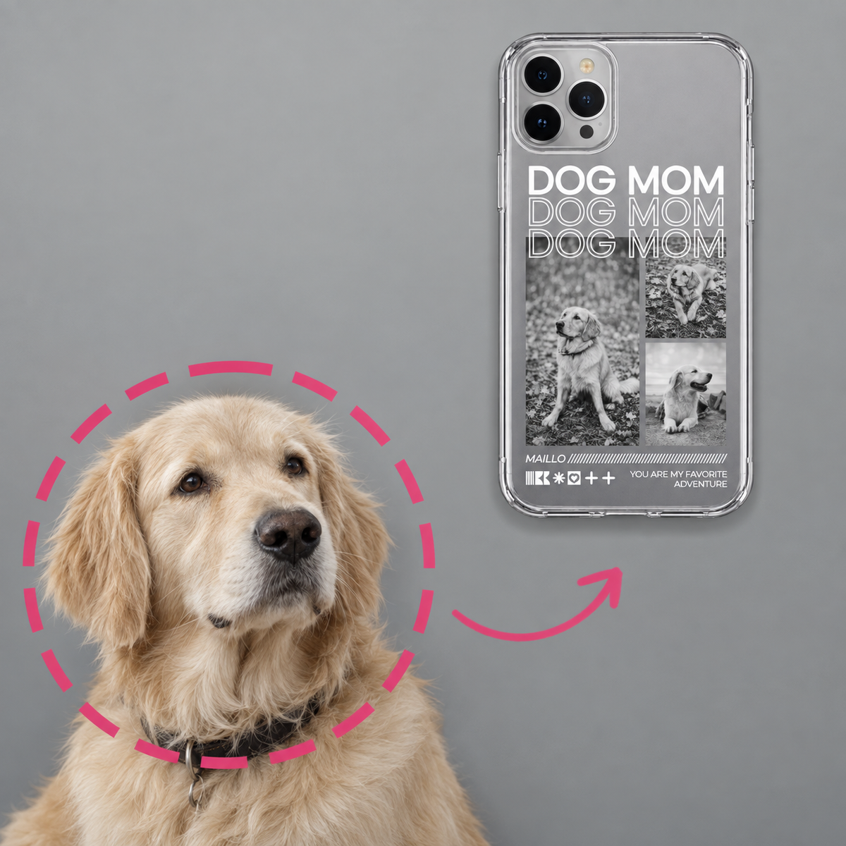 Funda de móvil transparente personalizada con el texto "Dog Mom" y fotos de perros.