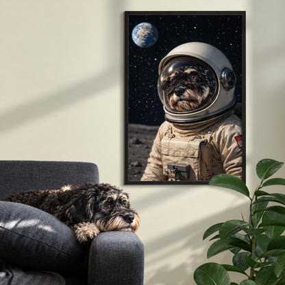 Póster enmarcado de un perro astronauta en el espacio, con la Tierra al fondo. Sofá con perro.