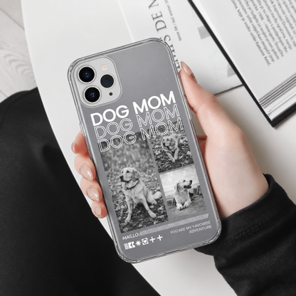 Funda de móvil con diseño gris, el texto "DOG MOM" y fotos de perros, material transparente.