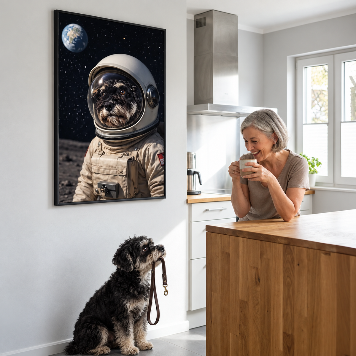 Póster personalizado de astronauta con perro en una habitación, mujer con una taza, perro sentado con correa.