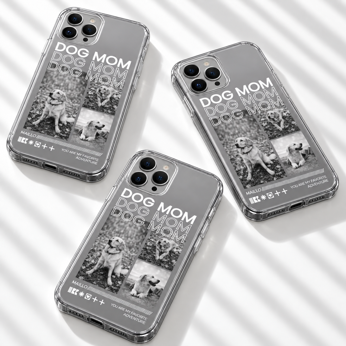 Funda de móvil personalizada con fotos de perros y el texto "DOG MOM", material transparente.
