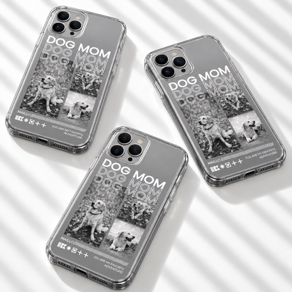 Funda de móvil personalizada con fotos de perros y el texto "DOG MOM", material transparente.