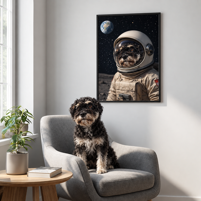 Póster personalizado de astronauta con la foto de un perro en una habitación, se ven un sillón gris y una planta.