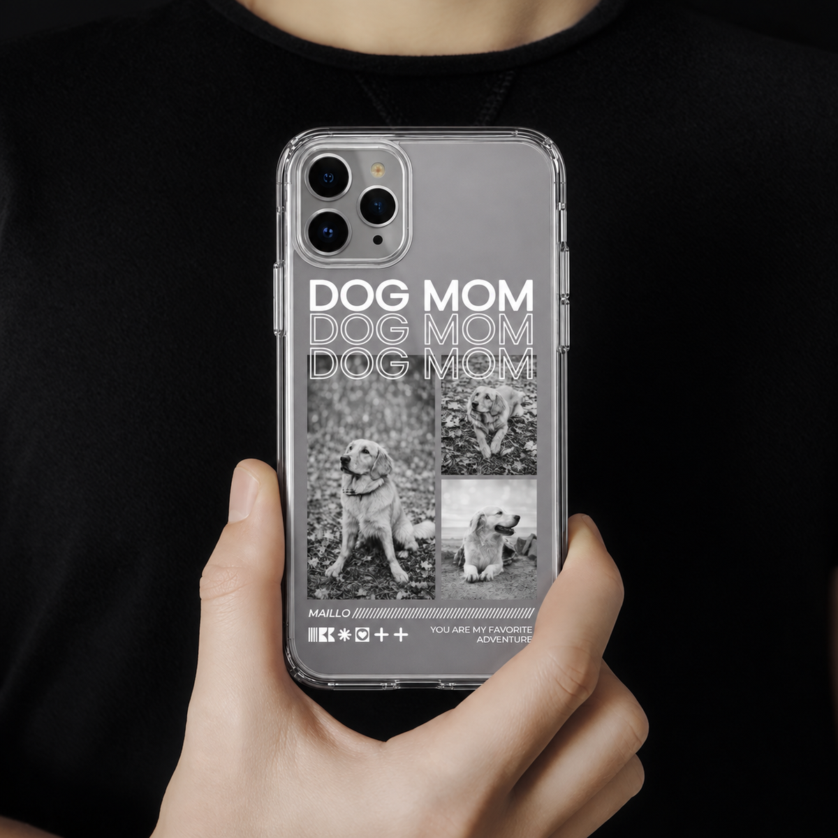 Funda de móvil transparente personalizada con el texto "Dog Mom" y fotos de perros.