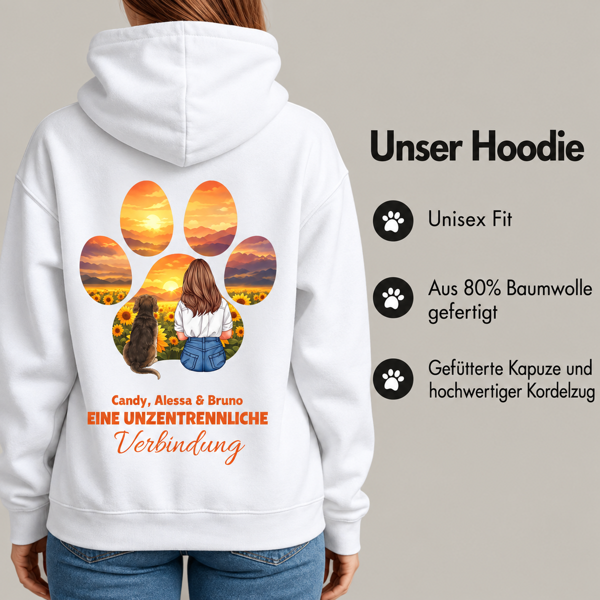 Sudadera con capucha blanca con colorido estampado de una mujer y un perro en un paisaje de girasoles. Corte unisex, mezcla de algodón.