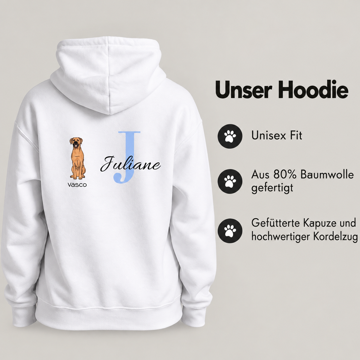 Sudadera con capucha blanca personalizada con motivo de perro, inicial "J" y nombre "Juliane", 80% algodón.