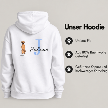 Sudadera con capucha blanca personalizada con motivo de perro, inicial "J" y nombre "Juliane", 80% algodón.