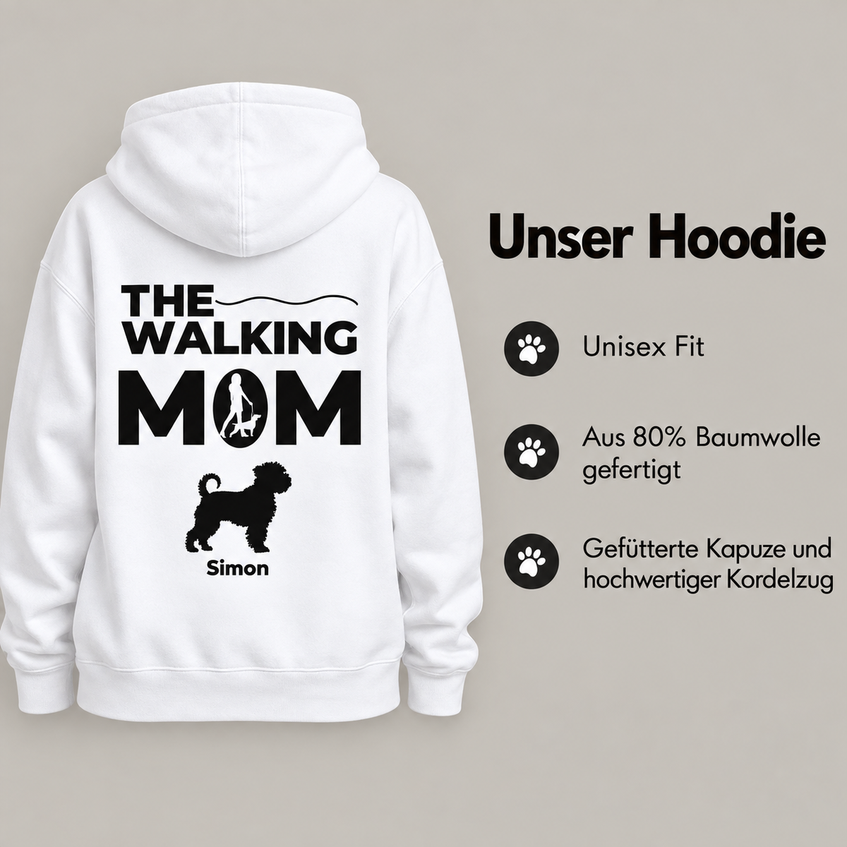 Sudadera con capucha blanca con el texto "THE WALKING MOM" y una silueta de perro. Diseño unisex.