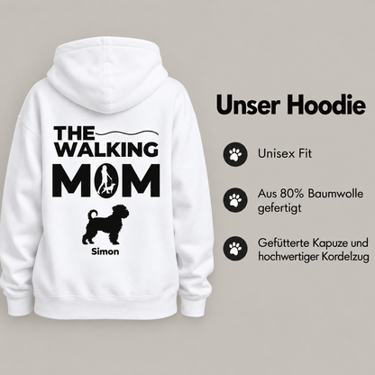 Sudadera con capucha blanca con el texto "THE WALKING MOM" y una silueta de perro. Diseño unisex.
