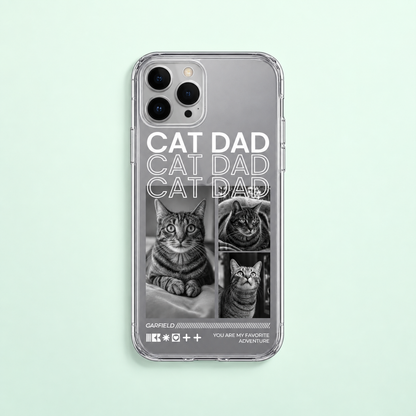 Funda de móvil personalizada con motivos de gatos y el texto "Cat Dad" en blanco y negro.
