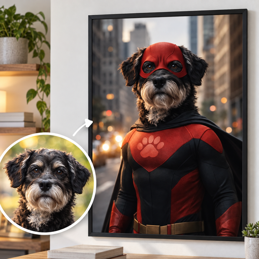 Póster personalizado de un perro con disfraz de superhéroe, traje rojo y capa negra.