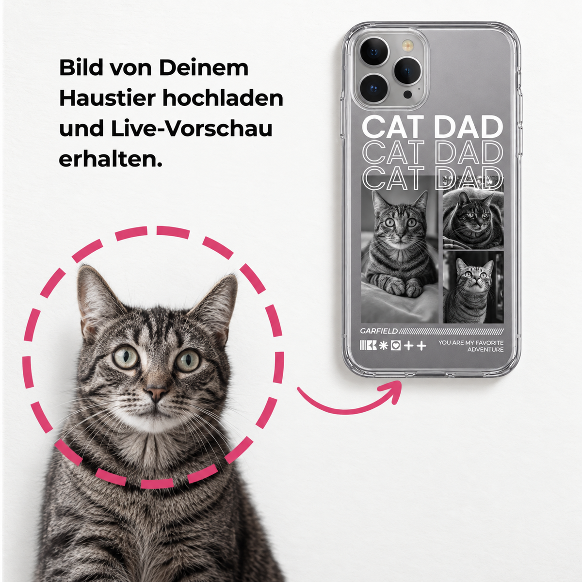 Funda de móvil personalizada con el texto "CAT DAD" y fotos de gatos. Material transparente.