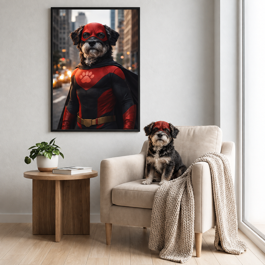 Un póster personalizado de un perro con disfraz de superhéroe rojo y negro en la pared. Perro sentado en un sillón.