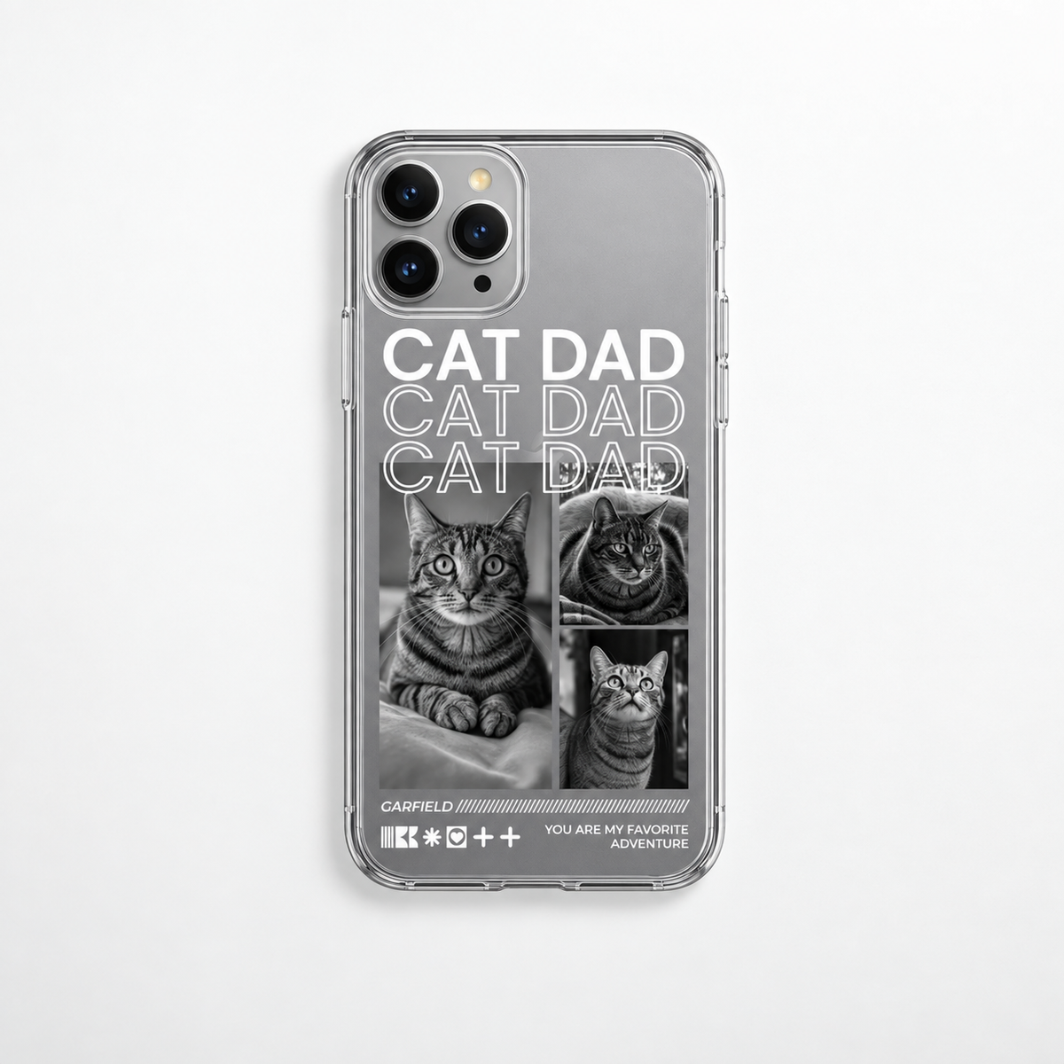 Funda de móvil personalizada con motivos de gatos y el texto "CAT DAD" en blanco y negro.
