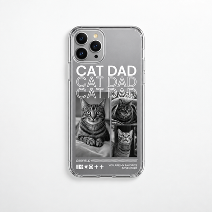 Funda de móvil personalizada con motivos de gatos y el texto "CAT DAD" en blanco y negro.