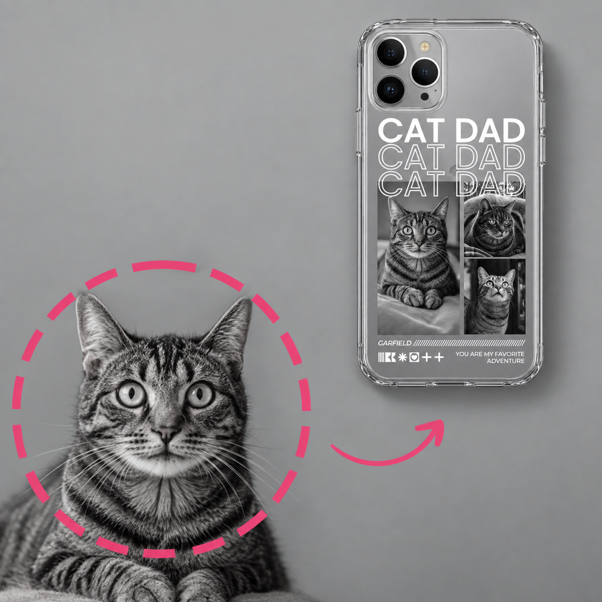 Funda de móvil de diseño transparente con el texto "Cat Dad" y fotos de gatos.