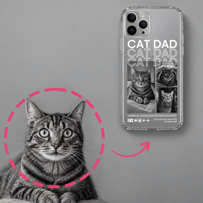 Funda de móvil de diseño transparente con el texto "Cat Dad" y fotos de gatos.