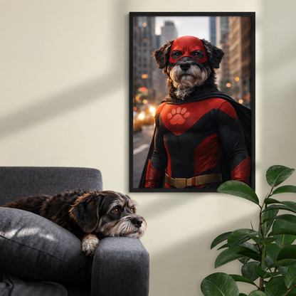 Póster de un perro con traje de superhéroe rojo y negro con máscara, decorativo en la pared. Sofá y planta en la imagen.