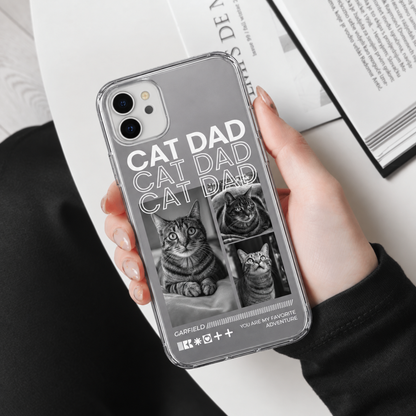 Funda de móvil con motivos de gatos y el texto "CAT DAD" en blanco y negro, diseño transparente.