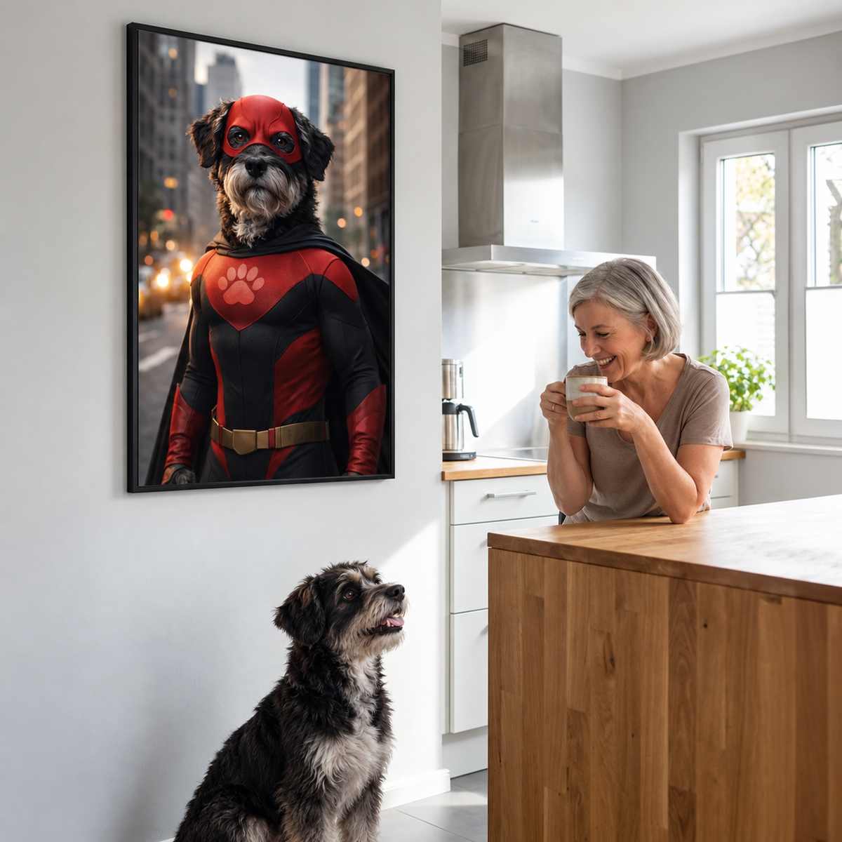 Póster de pared personalizado de un perro con traje de superhéroe en la cocina. Mesa de madera y mujer sonriente con una bebida.
