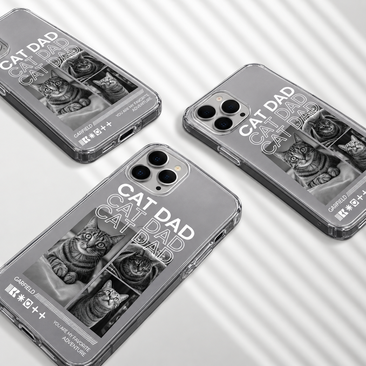 Funda de móvil personalizada con motivos de gatos, superficie de plástico transparente, con el texto "Cat Dad".