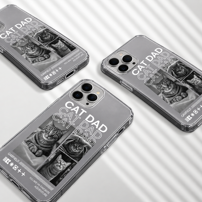 Funda de móvil personalizada con motivos de gatos, superficie de plástico transparente, con el texto "Cat Dad".