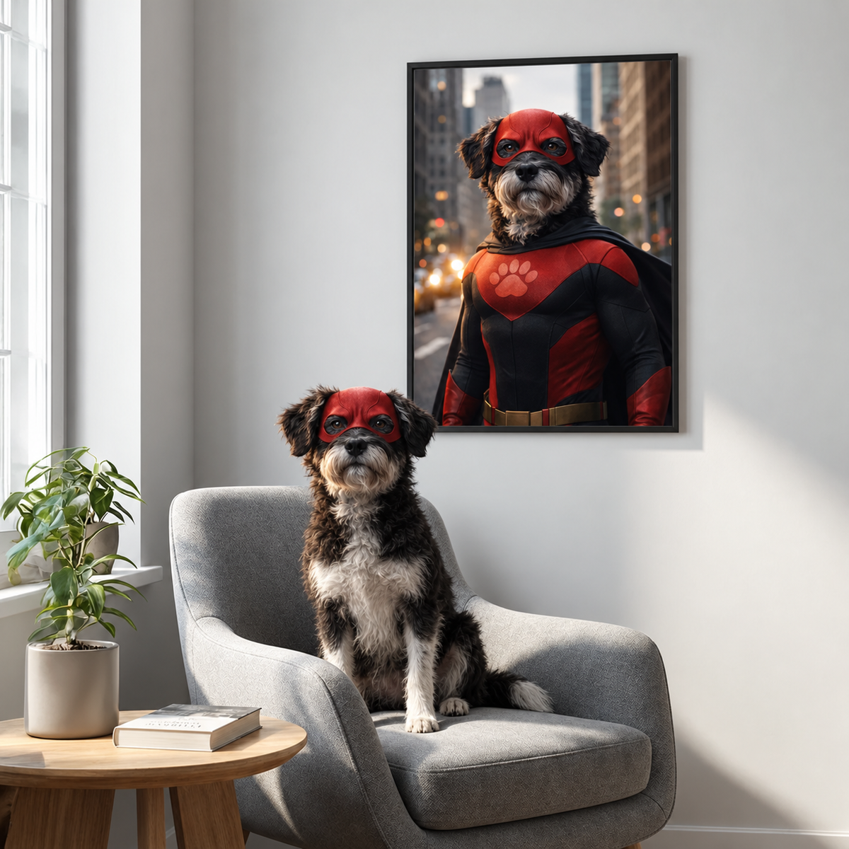 Retrato de perro en un salón, perro con máscara y capa rojas, póster personalizado de superhéroe en la pared.