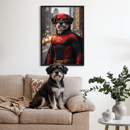 Perro en un sofá, póster personalizado de un perro como superhéroe en la pared.