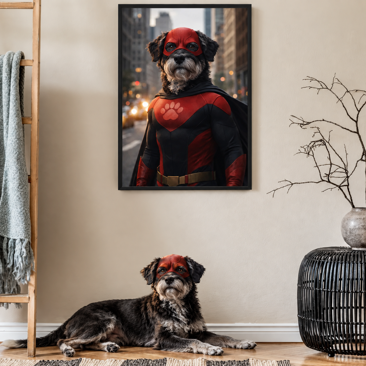 Perro disfrazado de superhéroe, traje rojo con máscara, póster enmarcado al fondo.